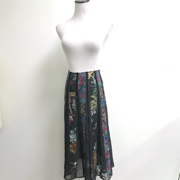 Harari black pink sheer panel midi silk skirt floral stripe velvet VINTAGE M
